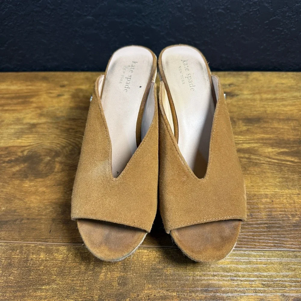 Kate Spade Suede‎ Espadrille Wedge Tan Suede Mule Sandals Womens Size 7.5